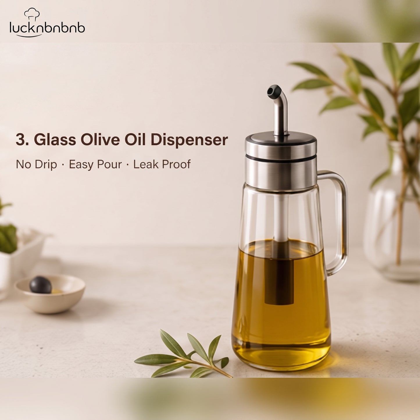 LUCKNBNBNB PurePour Glass Olive Oil Dispenser - 17 oz No-Drip Oil Bottle, Vinegar Cruet, Leak-Resistant Kitchen Pourer for Cooking and Salad