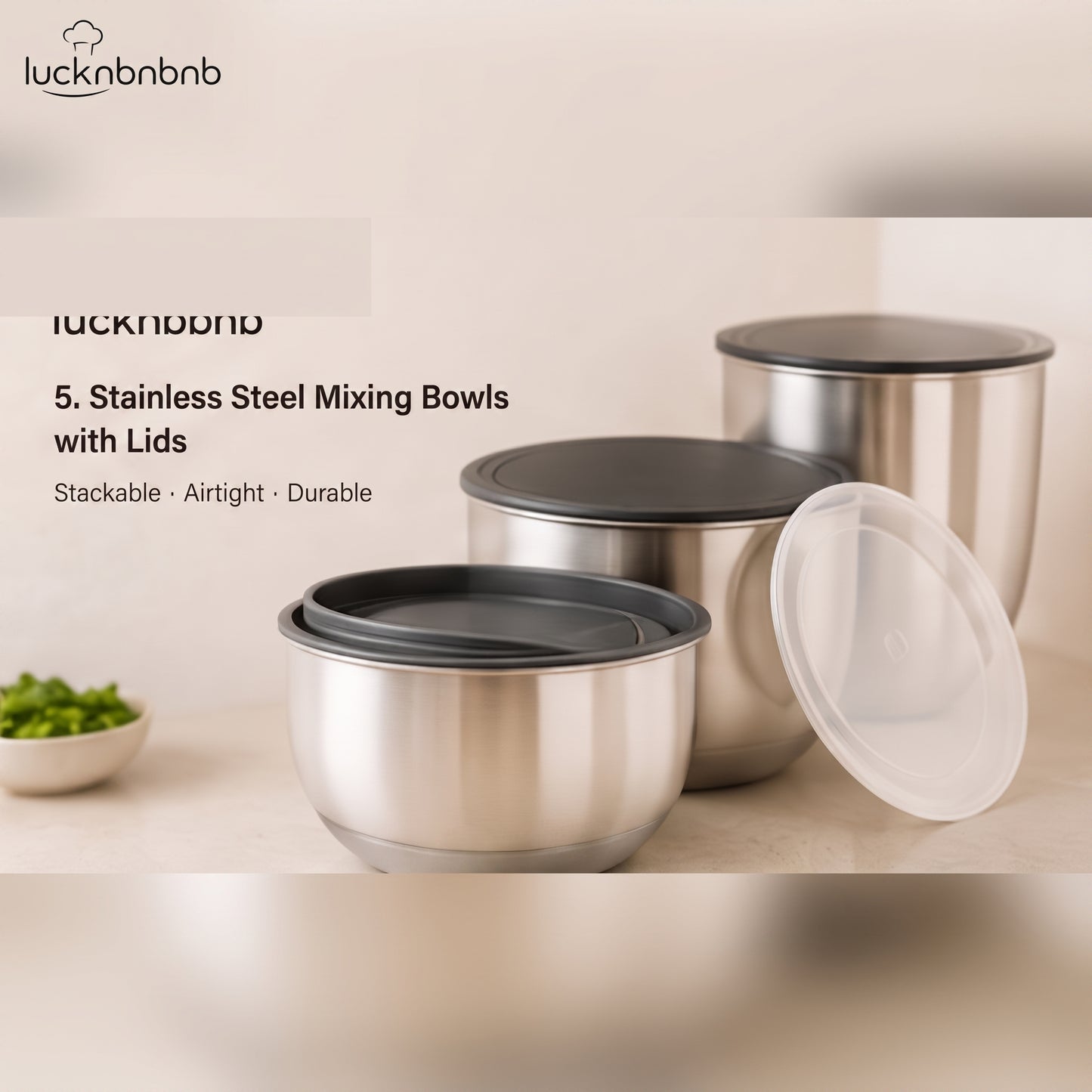 LUCKNBNBNB Nest and Serve Stainless Steel Mixing Bowls with Lids - 5-Piece Nesting Kitchen Bowl Set for Baking, Meal Prep, Storage and Serving