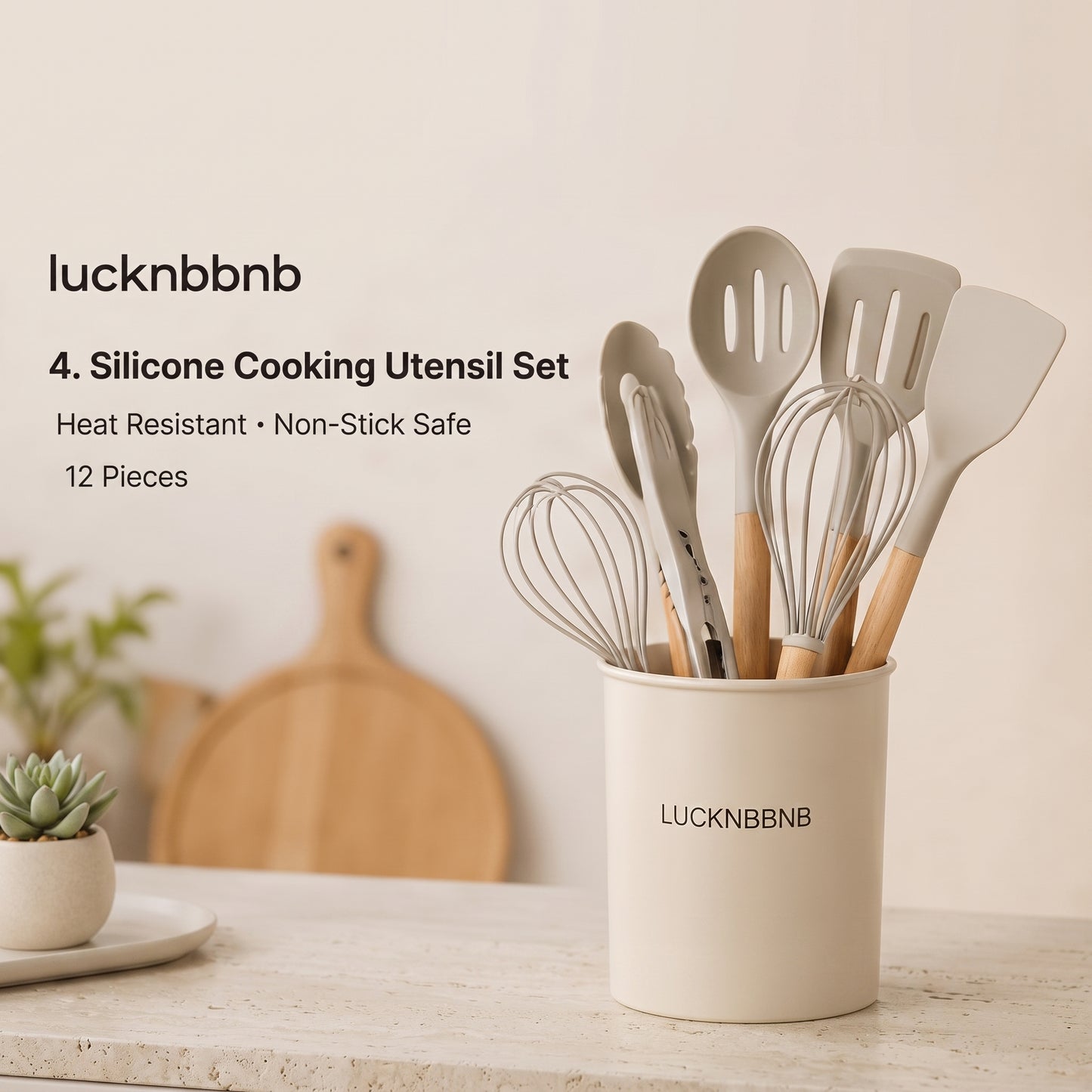LUCKNBNBNB Atelier 12-Piece Silicone Cooking Utensil Set - Heat-Resistant Kitchen Tools with Holder, Spatulas, Spoon, Whisk and Tongs for Nonstick Cookware