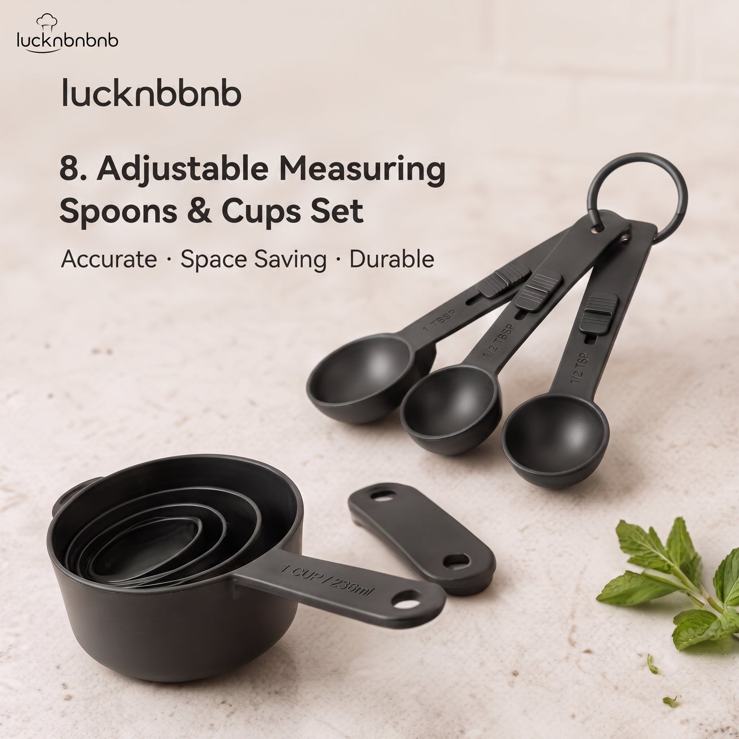 LUCKNBNBNB ExactMeasure Adjustable Measuring Spoon and Cup Set - Space-Saving Nesting Kitchen Measures for Baking, Coffee, Spices and Meal Prep
