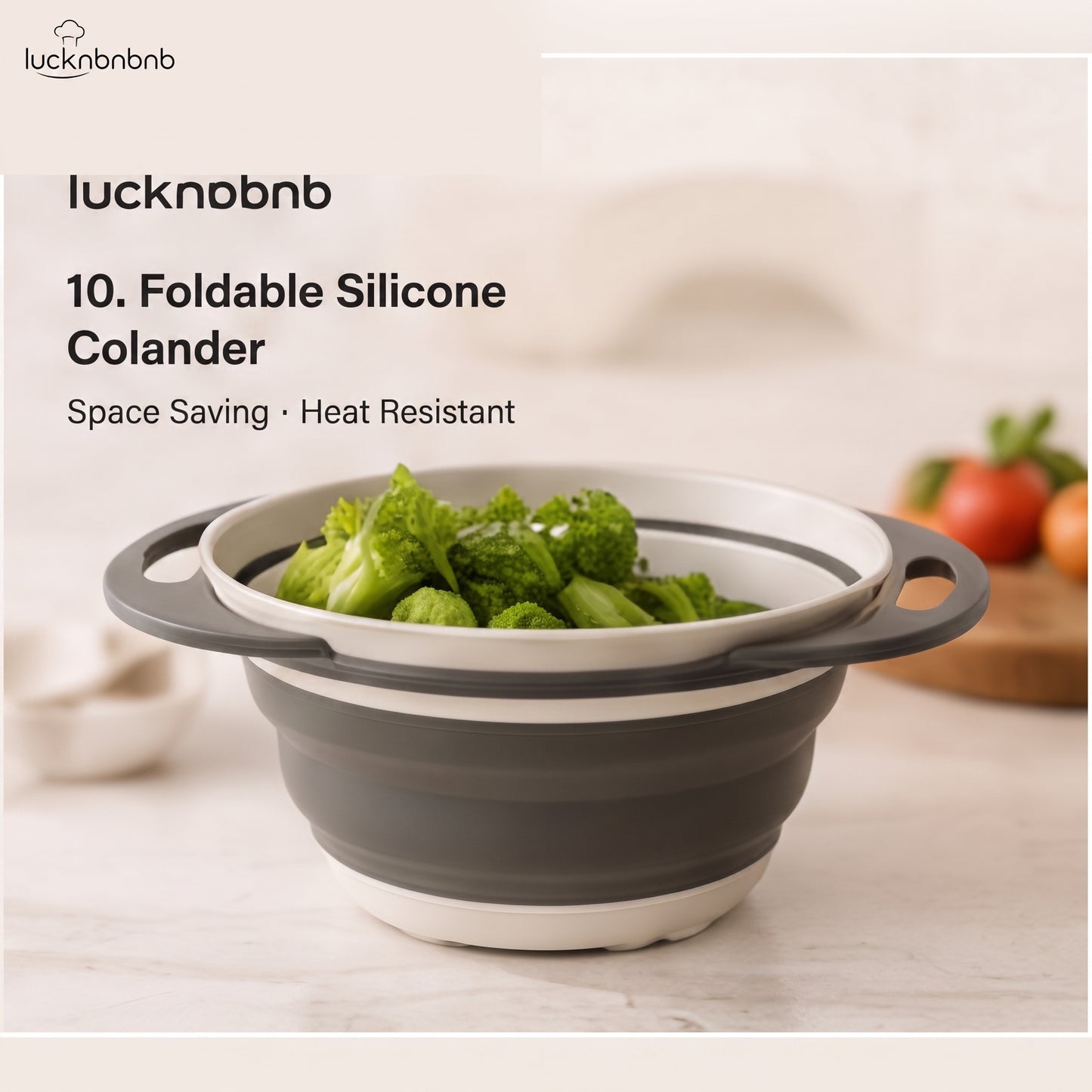LUCKNBNBNB FoldFlat Collapsible Silicone Colander - Space-Saving Strainer with Handles for Pasta, Produce, Rinsing and Compact Kitchen Storage