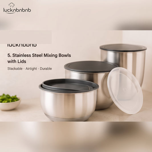 LUCKNBNBNB Nest and Serve Stainless Steel Mixing Bowls with Lids - 5-Piece Nesting Kitchen Bowl Set for Baking, Meal Prep, Storage and Serving
