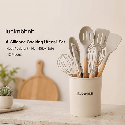 LUCKNBNBNB Atelier 12-Piece Silicone Cooking Utensil Set - Heat-Resistant Kitchen Tools with Holder, Spatulas, Spoon, Whisk and Tongs for Nonstick Cookware