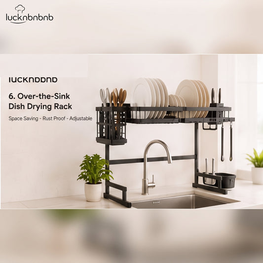 LUCKNBNBNB AirDry Expandable Over-the-Sink Dish Drying Rack - Space-Saving Kitchen Organizer with Plate Rack, Utensil Holder and Adjustable Counter Storage