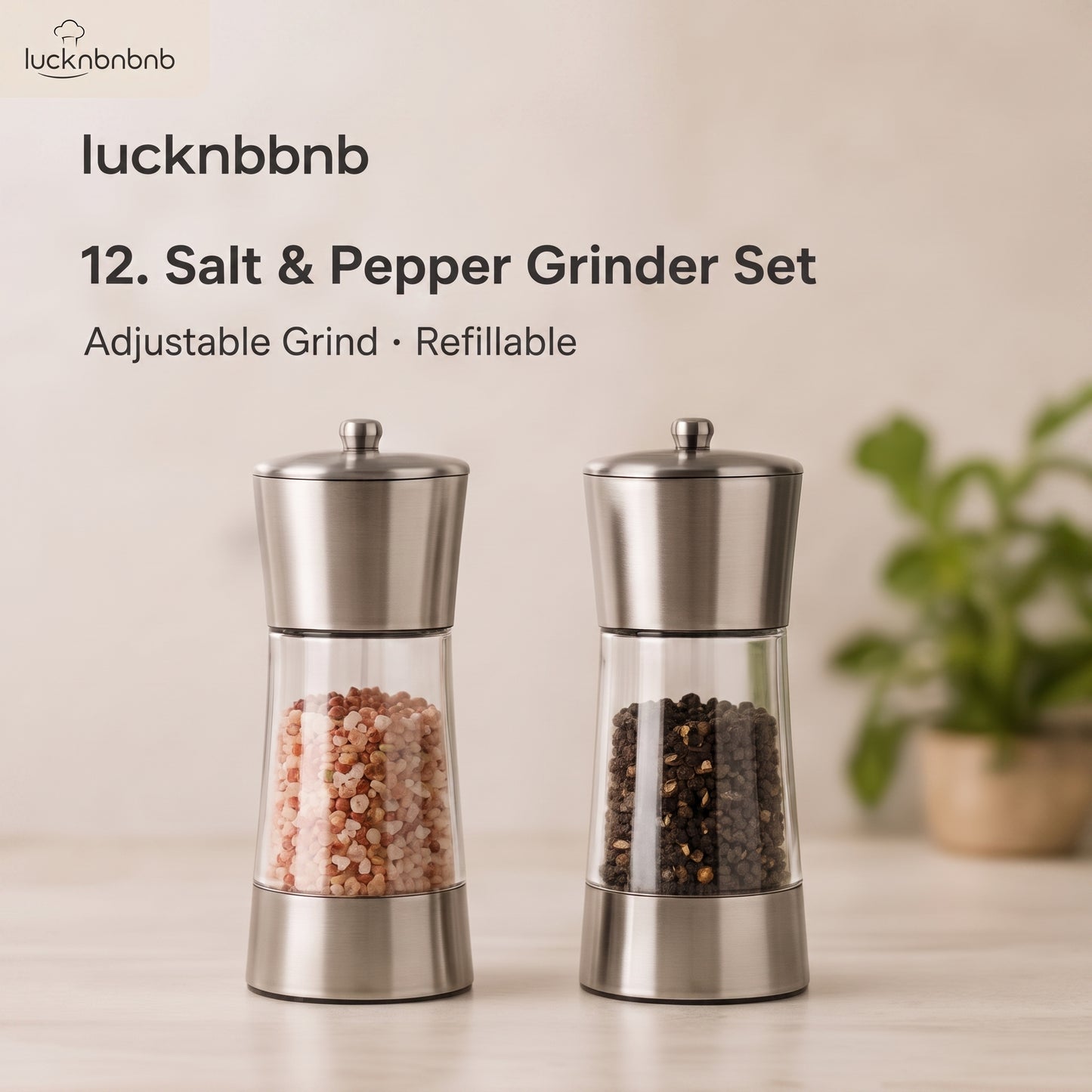 LUCKNBNBNB Mill and Season Salt and Pepper Grinder Set - Adjustable Stainless Steel Spice Mills, Refillable Manual Grinders for Sea Salt and Peppercorns