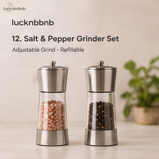 LUCKNBNBNB Mill and Season Salt and Pepper Grinder Set - Adjustable Stainless Steel Spice Mills, Refillable Manual Grinders for Sea Salt and Peppercorns
